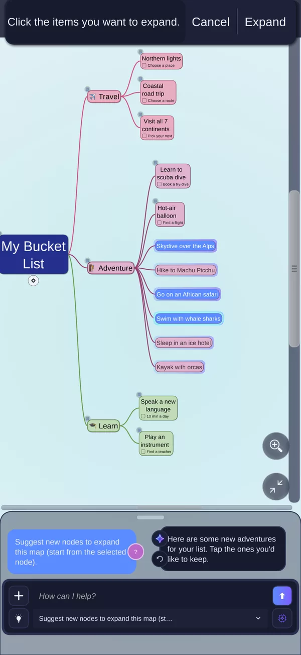 miMind AI suggesting new Bucket List ideas such as Hike to Machu Picchu as ghost nodes to pick