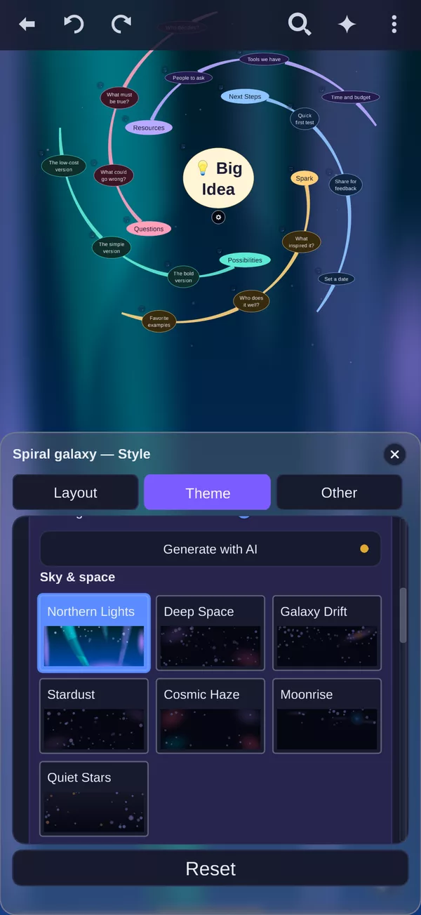 Brainstorm Galaxy spiral mind map over an animated Northern Lights scene, with the scene picker open