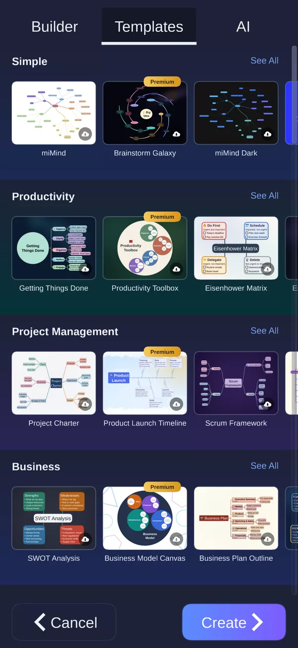 miMind template gallery with Simple, Productivity, Project Management and Business categories, including Eisenhower Matrix and SWOT Analysis